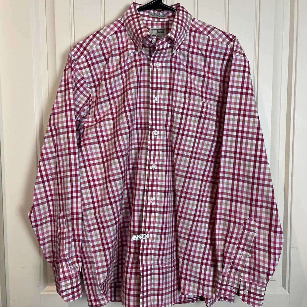 L.L. Bean Men's Wrinkle and Stain Resistant Long Sleeve Shirt Size M Red Tan